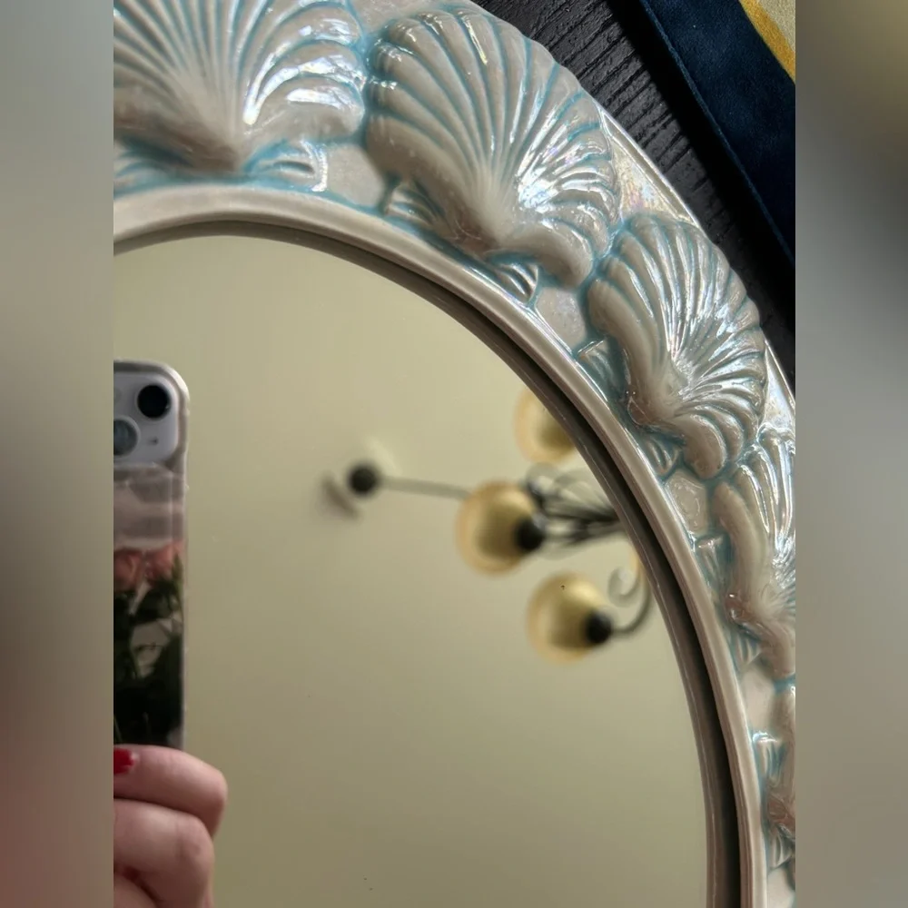 Vintage RARE Ceramic Hand Painted Scallop Seashell Oval Framed Wall Mirror